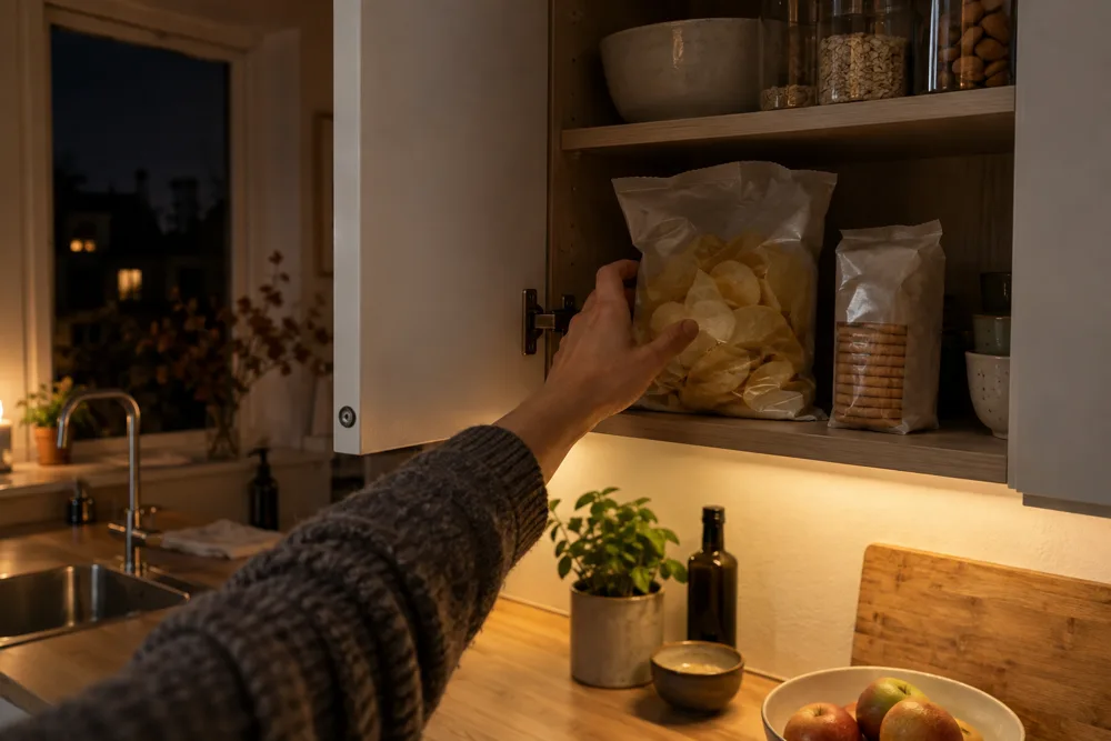 En hånd tager en pose chips fra skabet i et mørkt køkken om aftenen