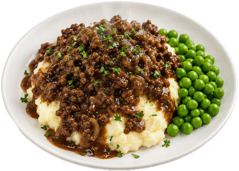 Millionbøf i brun sovs over kartoffelmos med grønne ærter