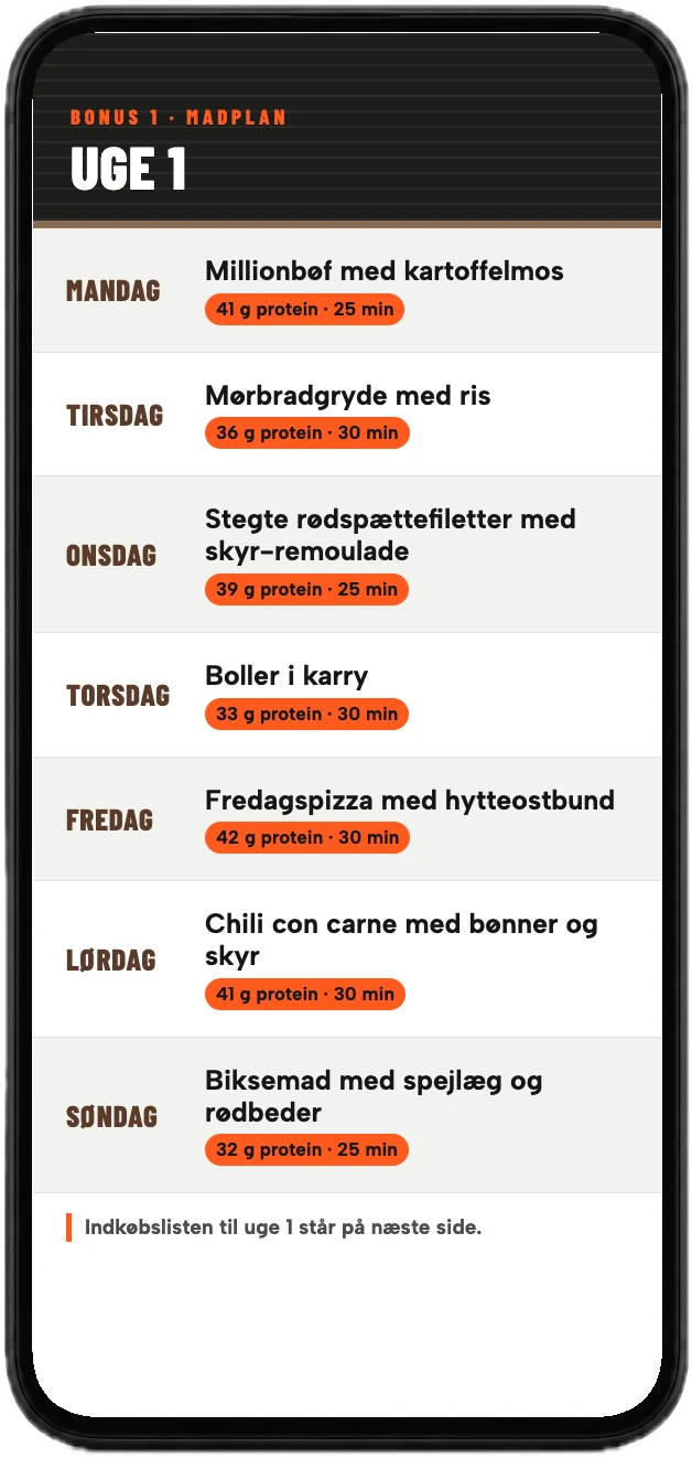 Uge 1 i madplanen med en ret til hver dag og gram protein, vist på en mobil