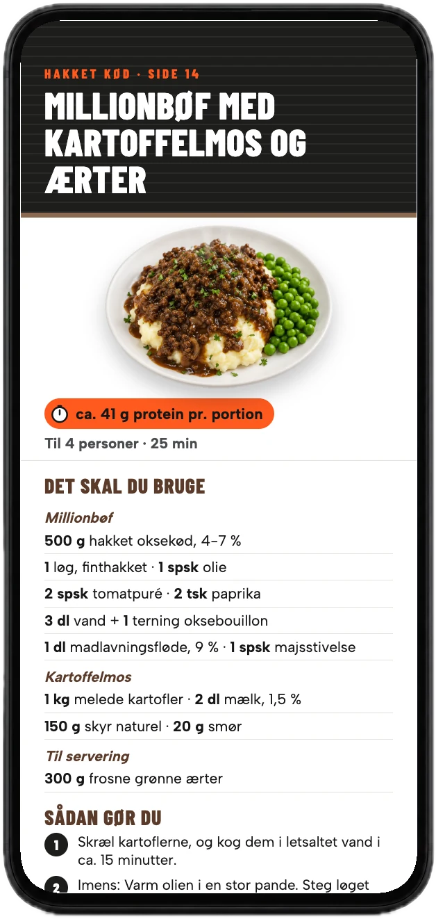Opskriften på millionbøf med gram protein pr. portion, vist på en mobil
