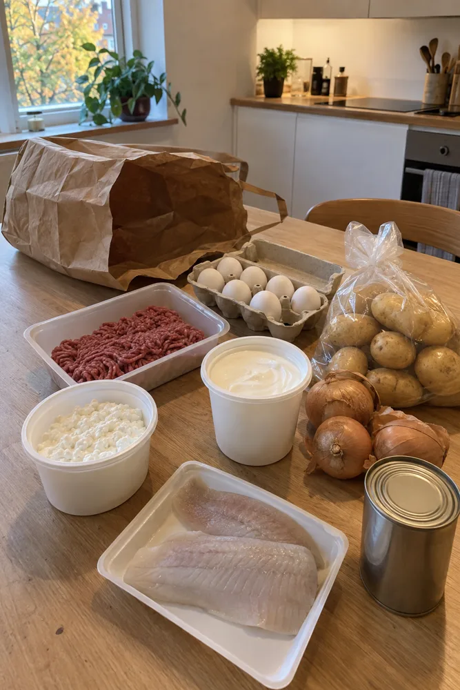 Indkøb på køkkenbordet: hytteost, skyr, hakket kød, æg, fisk og kartofler